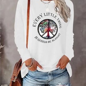 White Graphic Long Sleeve T-shirt with peace sign ☮️